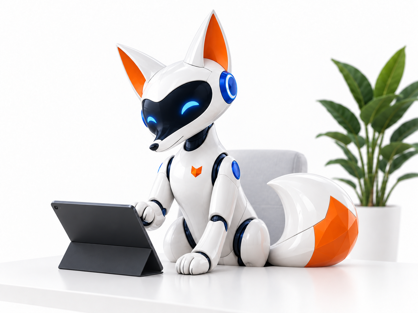 ThreadFox’s white ceramic fox employee with orange ears and a cobalt workstation